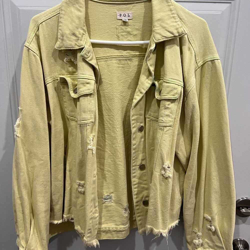 POL Pale Lime Green Distressed Denim Jacket